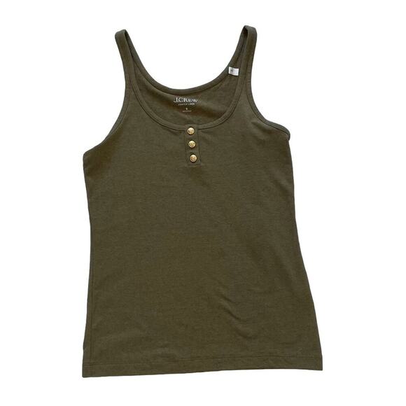 J. Crew Umber Olive Henley Tank Top in Stretch Linen Blend, Gold Buttons, S - Picture 1 of 7
